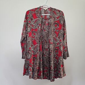 Umgee Red and Black Paisley Mini Dress Bell Sleeves Boho Whimsigoth Small Ruffle